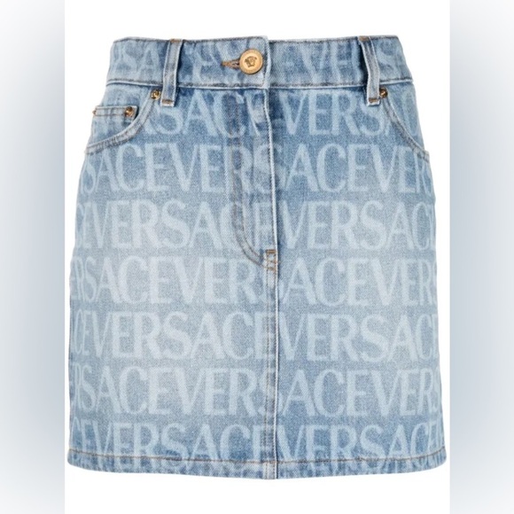 Giani La Vacanza Medusa denim jean mini skirt all-over print logo Y2K faded acid - Picture 1 of 11